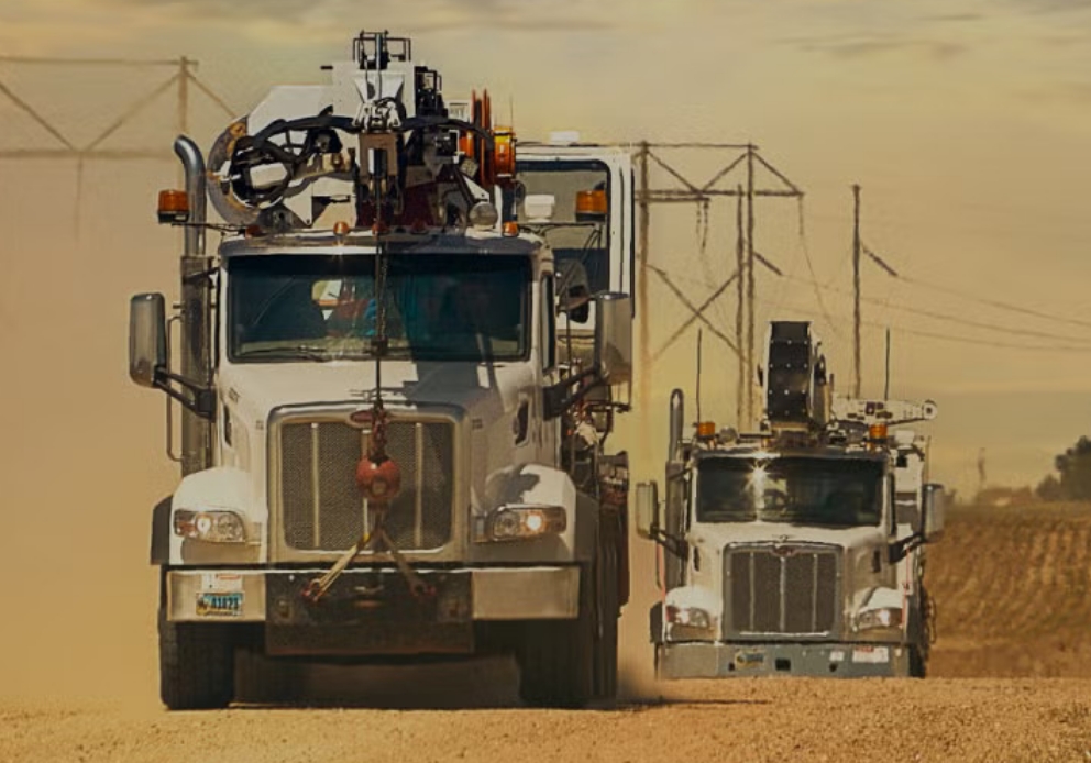 Two work trucks driving on a dirt road. Behind the trucks are power lines and crops.