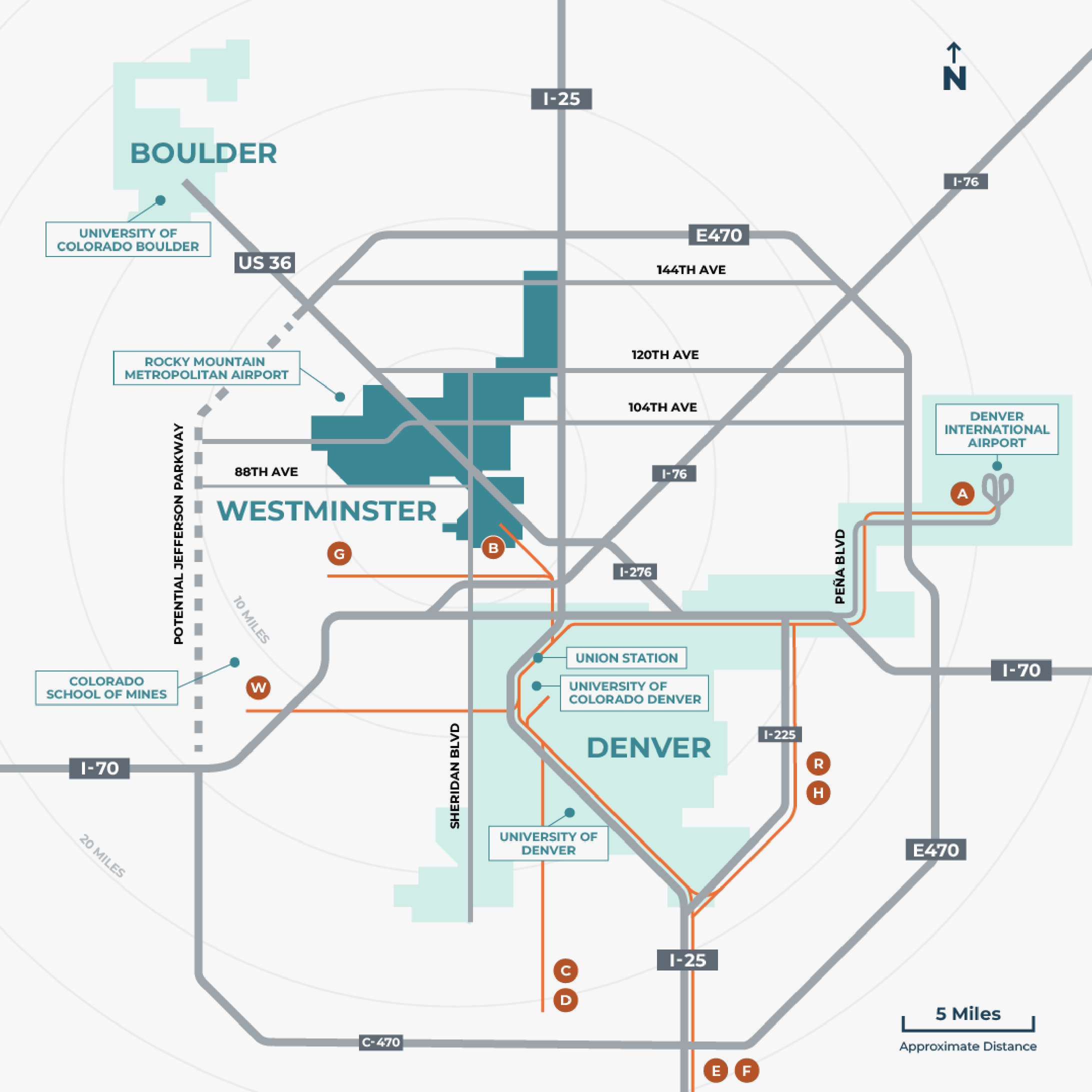 A simplified map of the Front Range area, the highlighted areas are: Denver, Westminster, and Boulder. The map should how Westminster is in the middle between Denver and Boulder. The map also shows prominent locations, like universities, airports, and train stations.